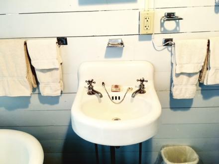 Bathroom at Cuthbertson Cabin. Highland Lodge, Vermont.